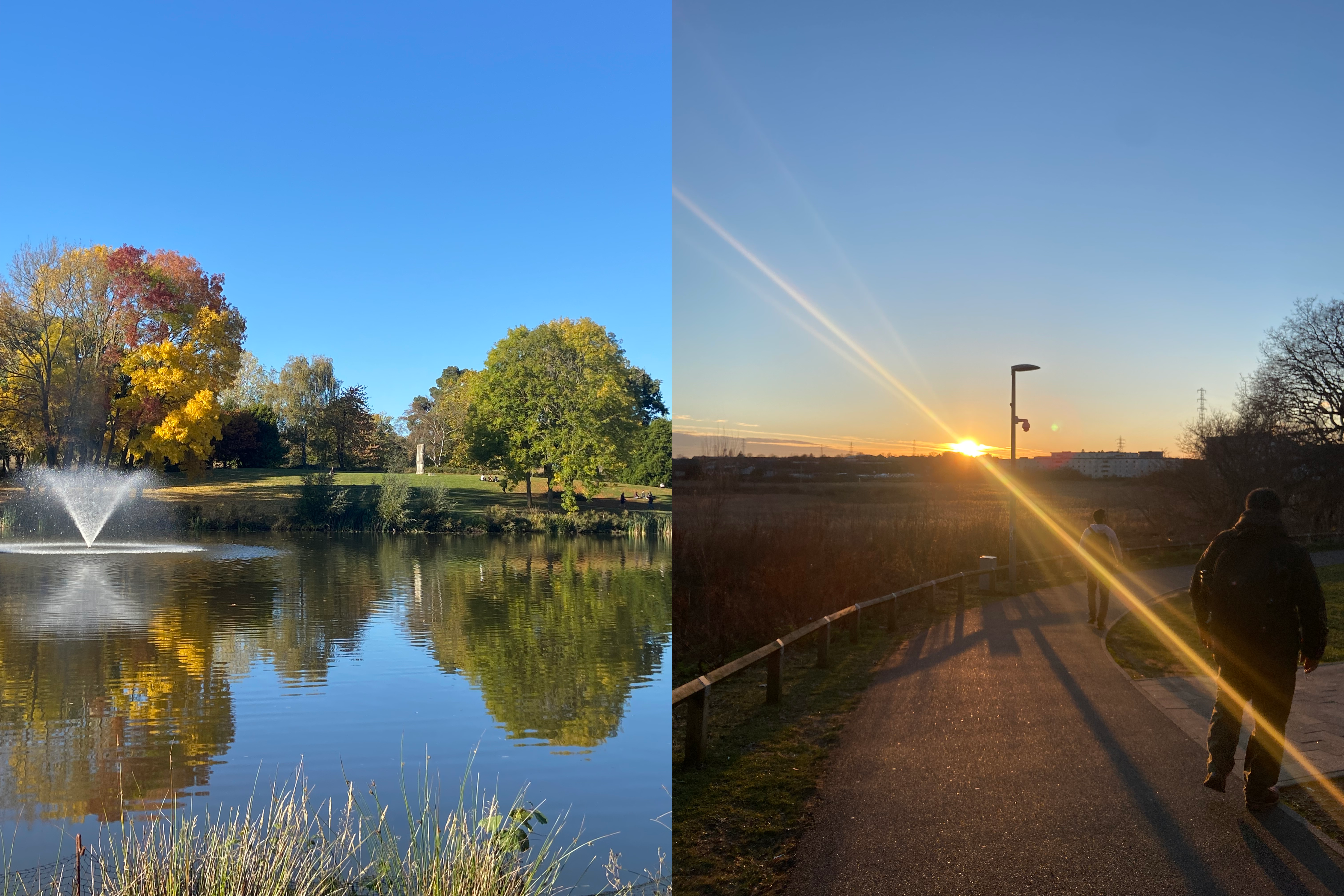 two images of Colchester camps - the lake and fountain with blue skies, and the sun setting