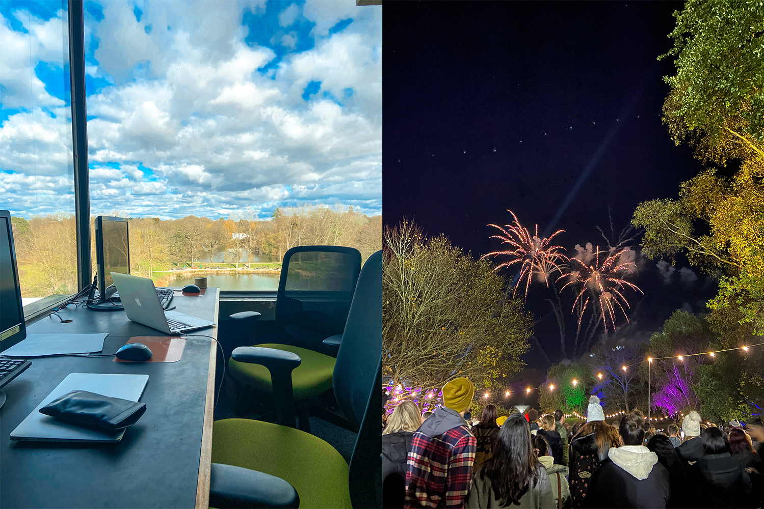two photos of colchester campus; studying and laptops, and fireworks