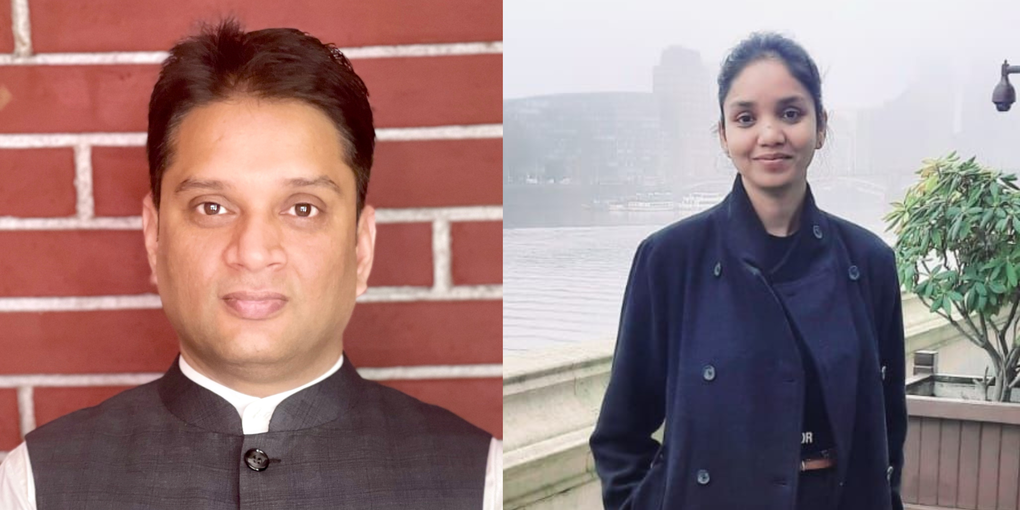 Manish (left), a headshot in front of a brick wall. Anushree (right) a misty river behind her, she's wearing a black top and coat. 