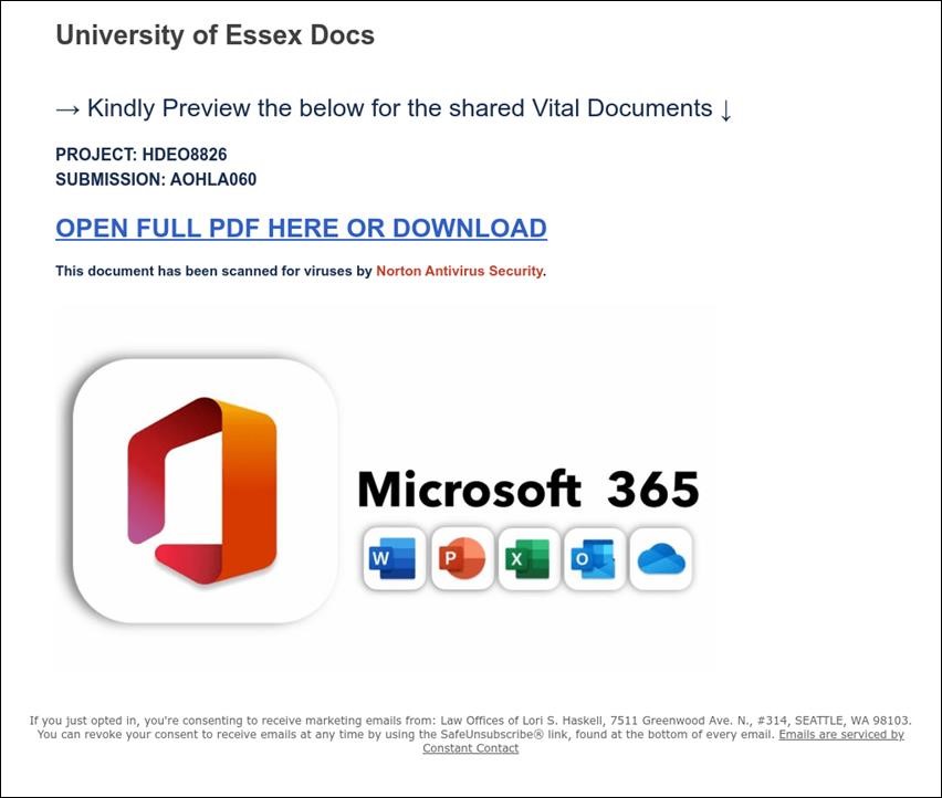 Example of an image used in a phishing email. The image was created to appear like a document sharing icon.