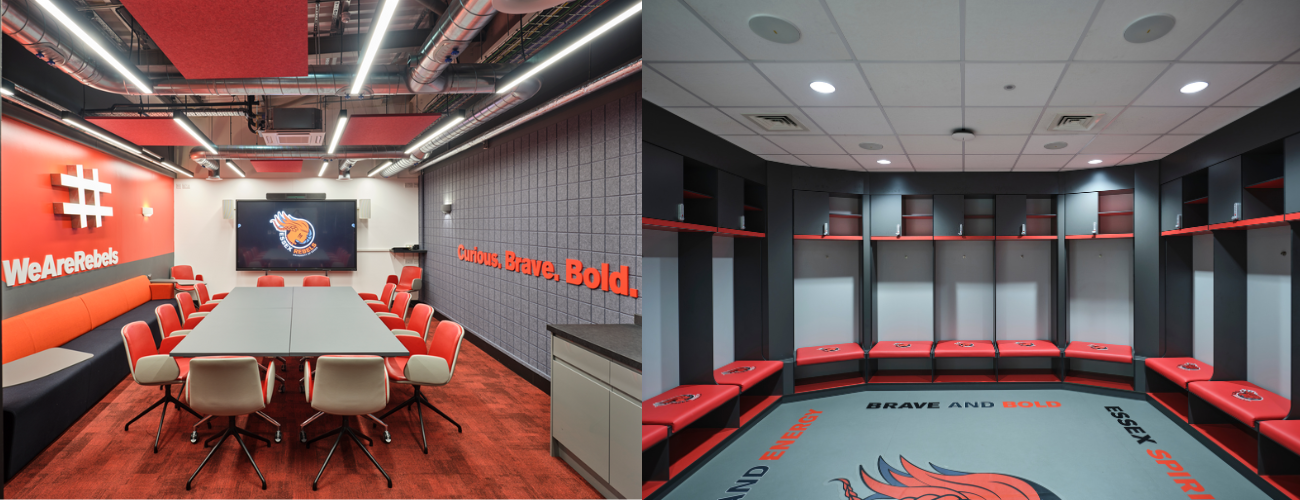 On the left, the performance analysis suite with a large table and red chairs. On the right, the Rebels changing rooms with individual stations and red seats. 