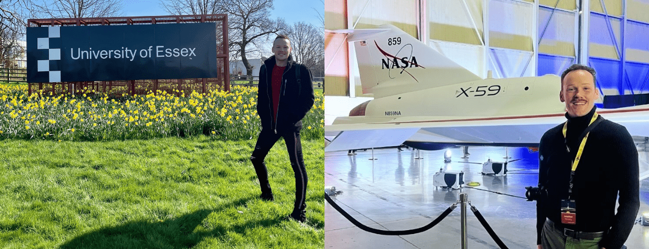 On the left, Jonathan standing outside the University entrance and sign, a large bed of daffodils below it. On the right, a more recent photo of Jonathan in a hangar standing in front of a NASA aircraft. 