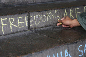Our students chalk the steps each year with the Universal Declaration of Human Rights