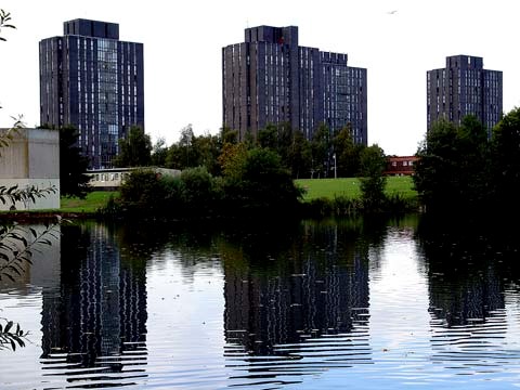 View of North Towers across the lake