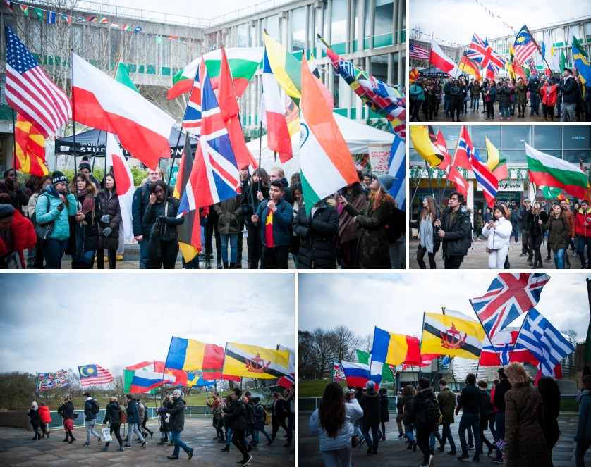 Collage of images showing the parade of flags