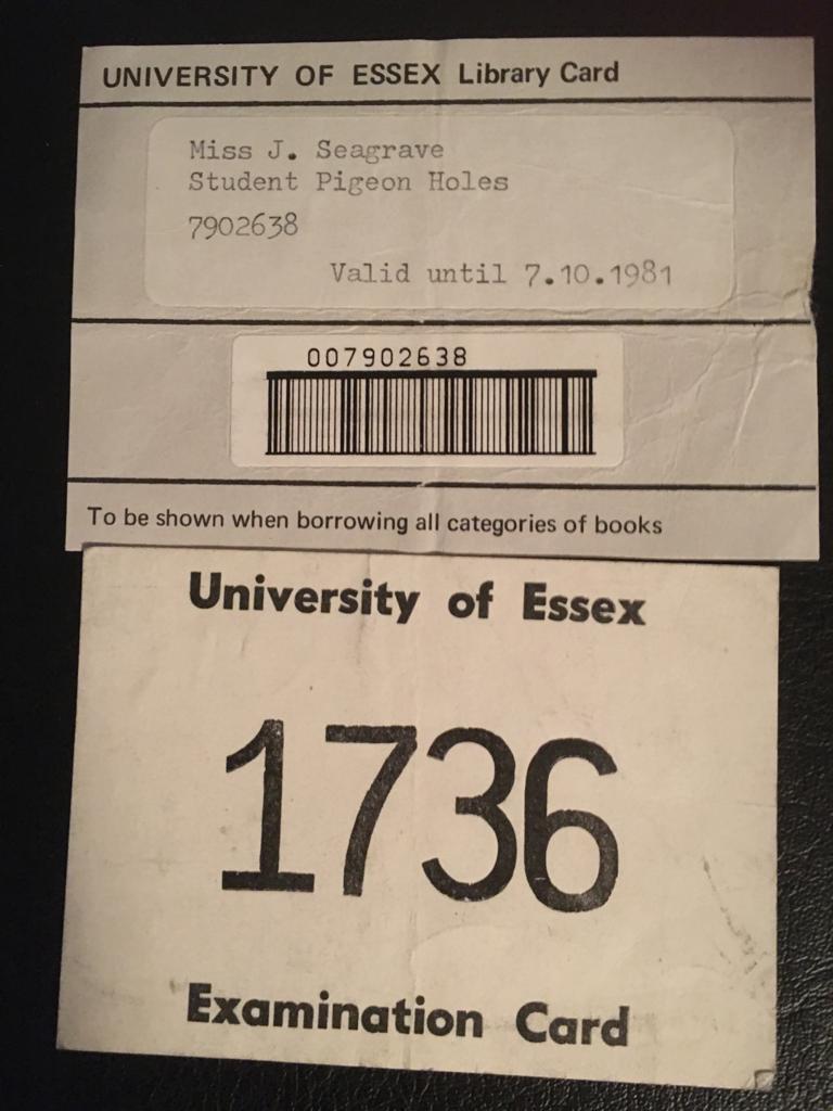 Jayne's library card and examination card from the 1980s