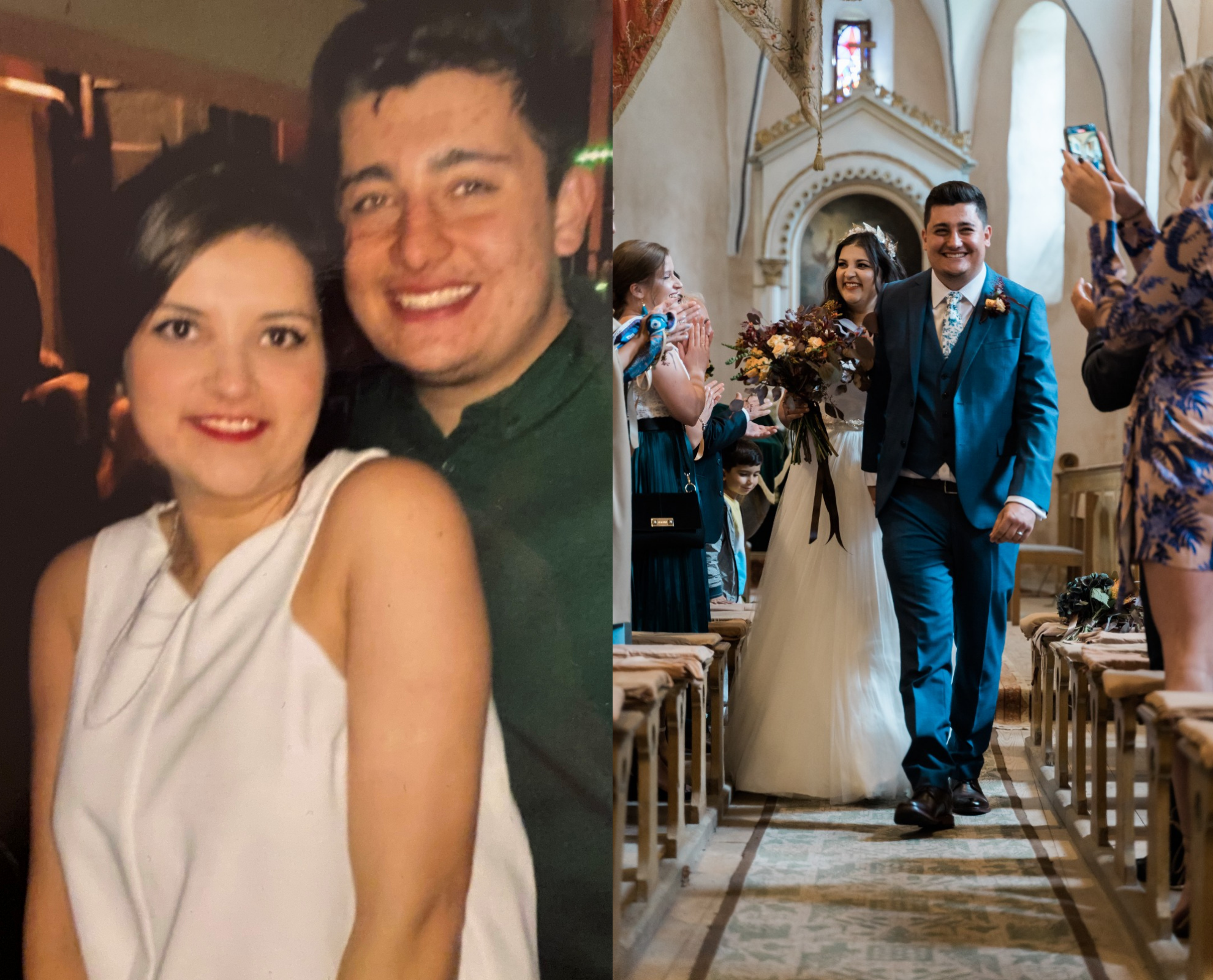 On the right, a photo of Cristina and Jack smiling on a night out at Essex. On the left, Cristina and Jack on their wedding day, walking down the aisle. 