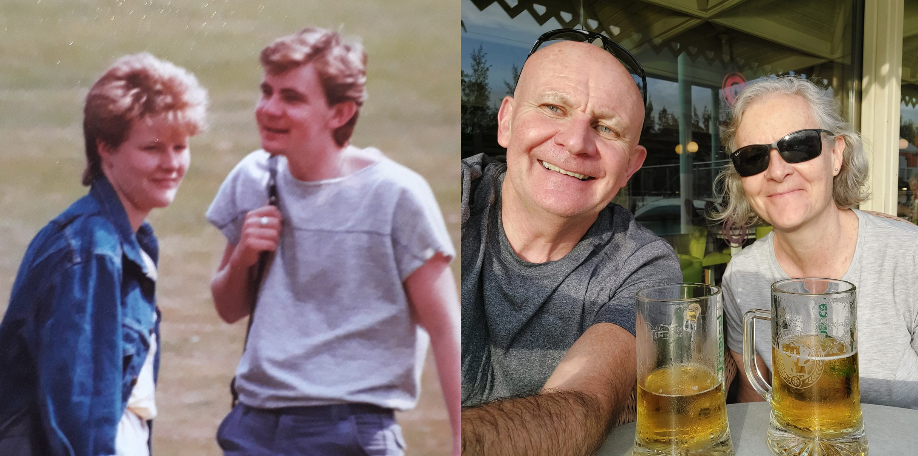 On the left, a photo of Sarah and Adrian in the 1980s. On the right, a more recent photo of them enjoying a drink in the sunshine.