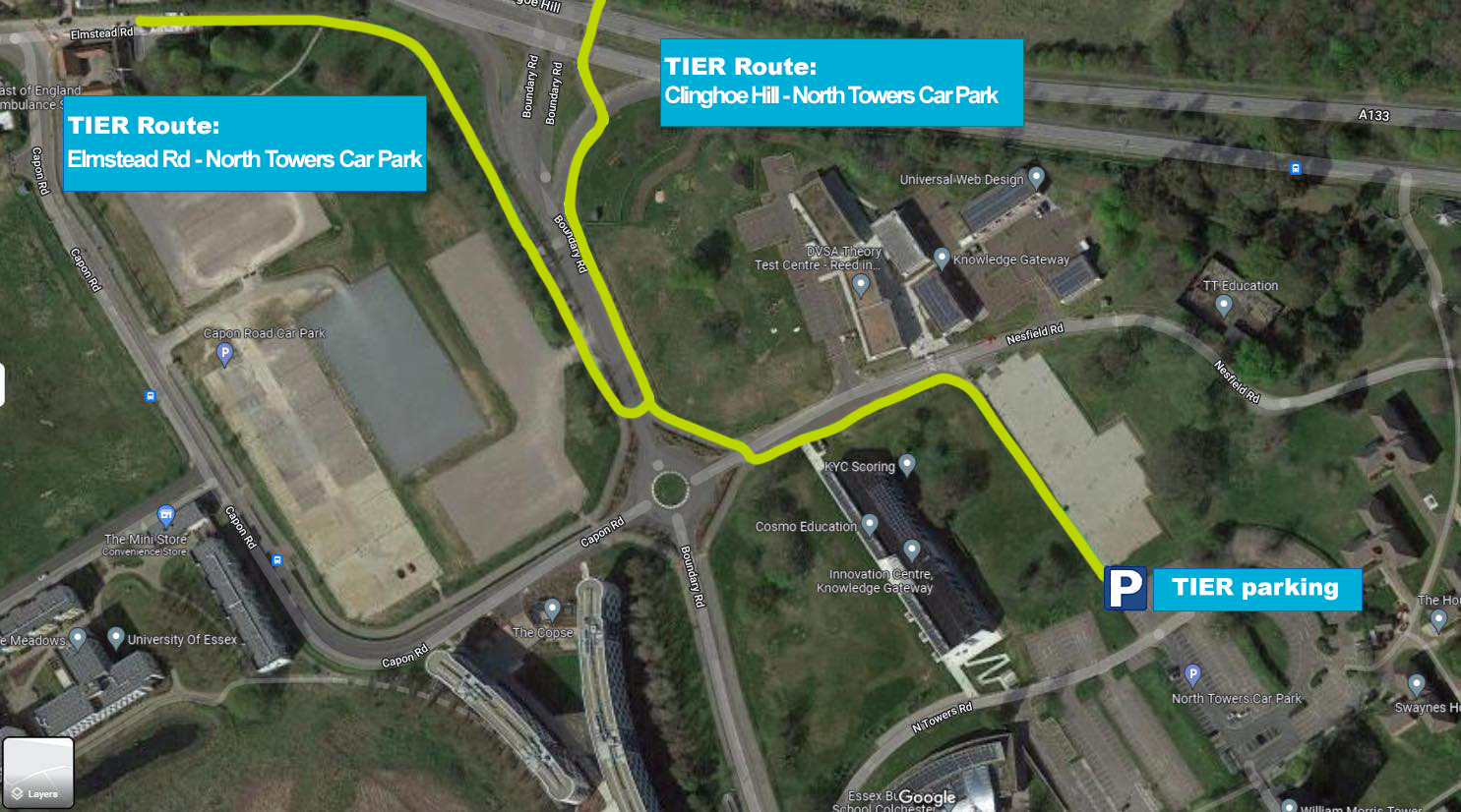 An aerial map showing the routes for TIER e-scooters from Elmstead Road and Clingoe Hill meeting on Boundary Road, then heading up Nesfield Road from the roundabout before reaching the North Towers car park.