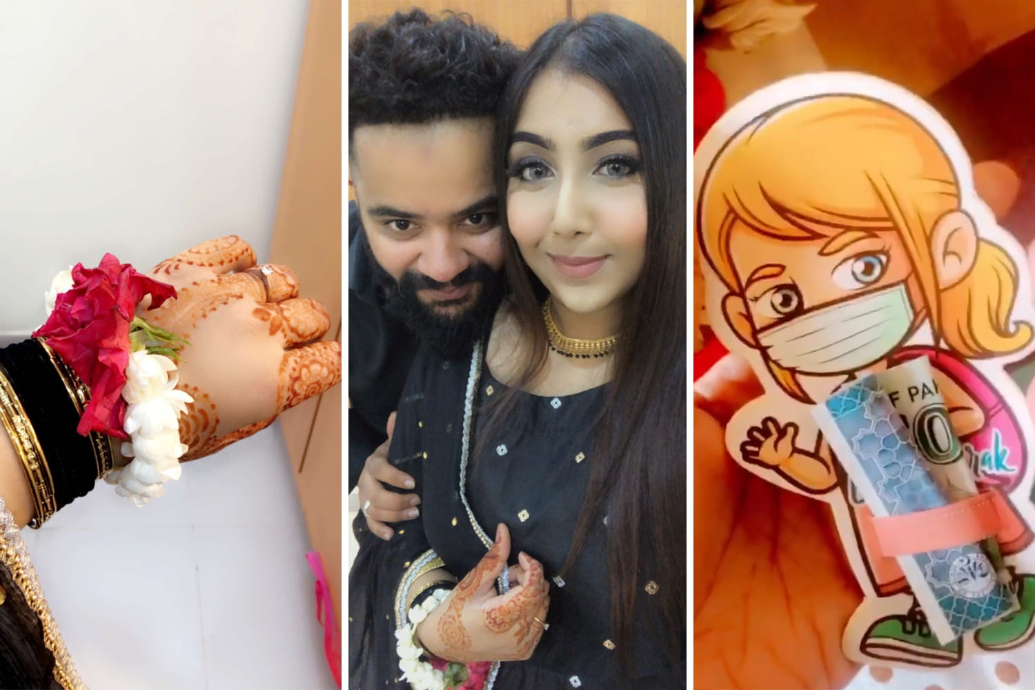 A collage showing Marium Masroor wearing a flowers, jewellery, and henna on her wrist; a selfie with her husband; and a banknote rolled up and tied to a 2D cartoon figure on card.