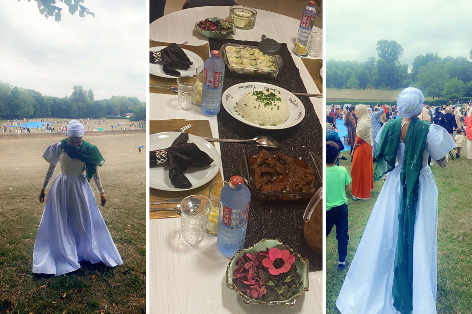 A collage showing Raihana Mohammed wearing a dress among a crowd in Castle Park; and food, drinks, and flowers on a beautifully laid table.