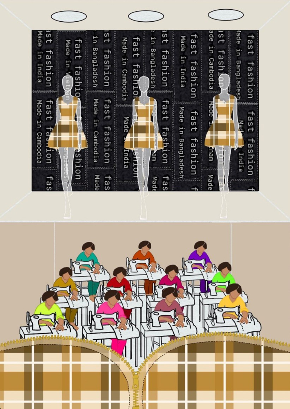 An illustrated flyer depicting faceless mannequins at the top and faceless women using sewing machines at the bottom.