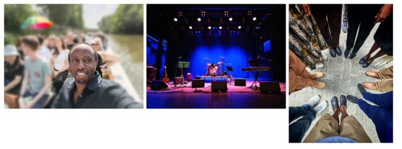 A set of 3 images; Dr Crispus Mbaluto on a boat, a stage set up with instruments for a band, and circle of people's feet.
