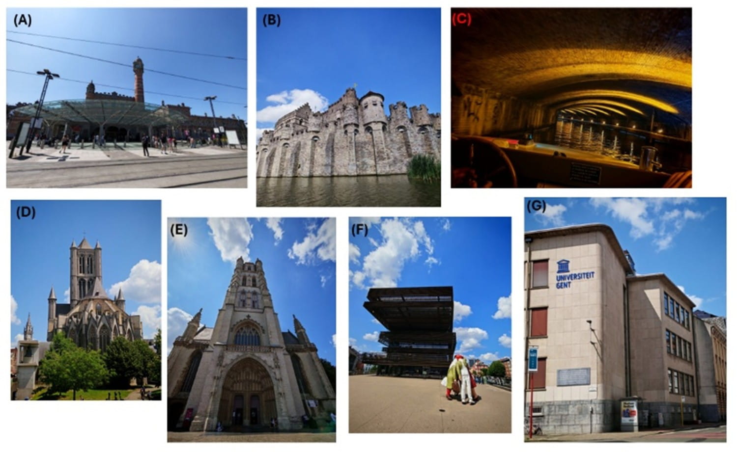 A series of 7 images showing: The train Gent Sint Peter train station; Castle of counts; water tunnels along the canals; St. Nicholas church; St. Bavo’s Cathedral; De-Krook, a Library; and one of the Ghent University buildings.