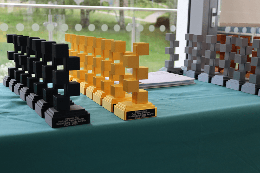 3d printed sustainably sourced trophies on display at the sustainable essex awards