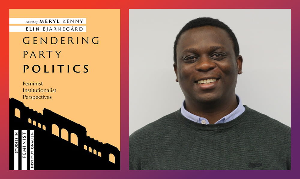 A profile photograph of Dr Ọmọ́máyọ̀wá Àbàtì, next to the book cover Gendering Party Politics.