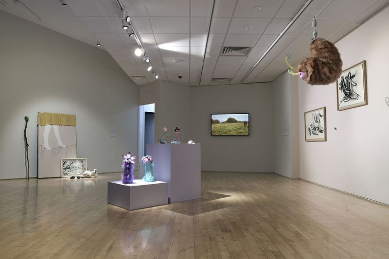 An inside shot of the Into the Woods exhibition at Art Exchange with artworks by Kenji Lim, Abigail Lim, Rebecca Moss and Jevan Watkins on display