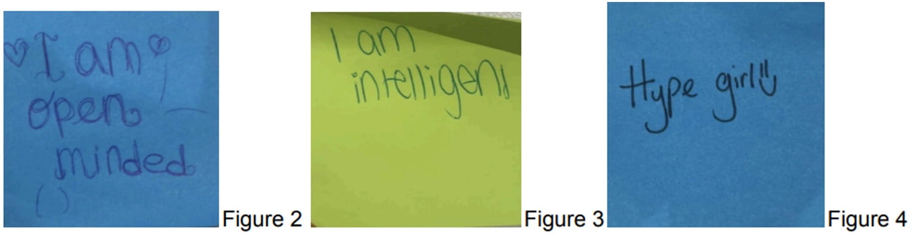 Three post it notes which say "I am open-minded", "I am intelligent", and "Hype girl with a smiley face drawing".