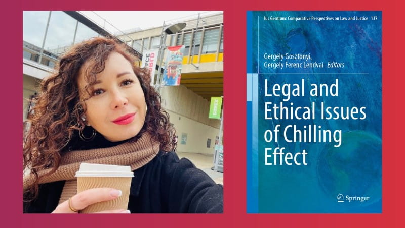 Dr Elena Sherstoboeva photographed on the Colchester campus. Also shown, the cover of the collection in which her Open Access chapter (co-authored with Valentina Pavlenko) is published.  