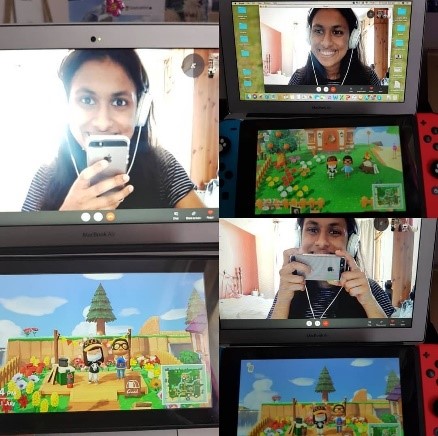 A composite image of different screens - laptop and Nintendo Switch - a student is playing games with friends online