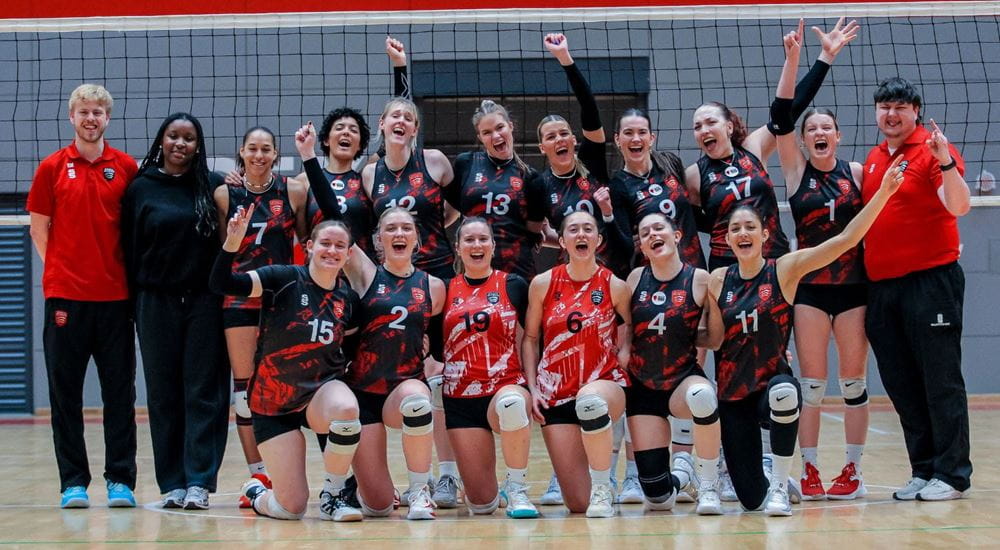 University of Essex women's volleyball team celebrating making it to the BUCS Big Wednesday Final 2025