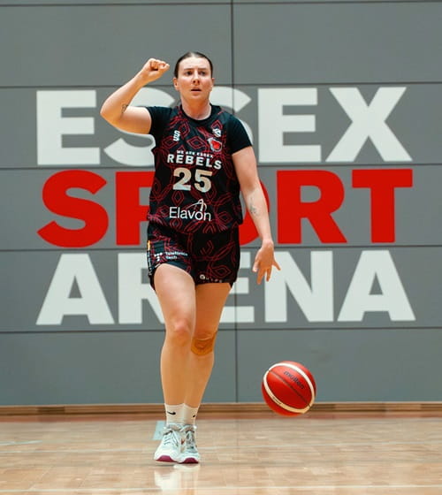 University of Essex student and Essex Rebels basketballer Leah McDerment mid game on court at Essex Sport Arena