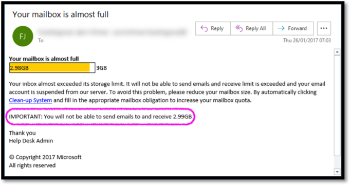 Example of a Phishing email pretending to be from the University and showing an image of the email mailbox being nearly full