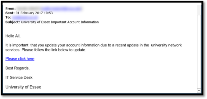 Example of a Phishing email pretending to be an email sent from the University IT helpdesk