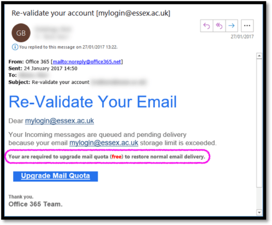 Example of a Phishing email pretending to be an email sent by Microsoft Office