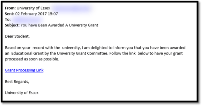 Example of a Phishing email pretending to be from the University's awarding a student something