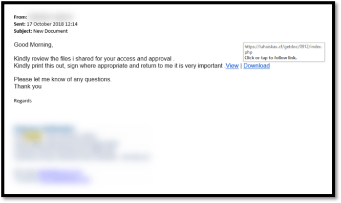 Example of a Phishing email pretending to be a colleague
