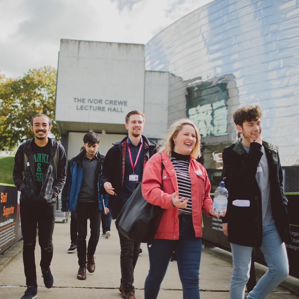Students walking outside the Ivor Crewe Lecture Hall