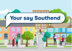 Cartoon image of a town, text in the middle of the image says, Your say Southend