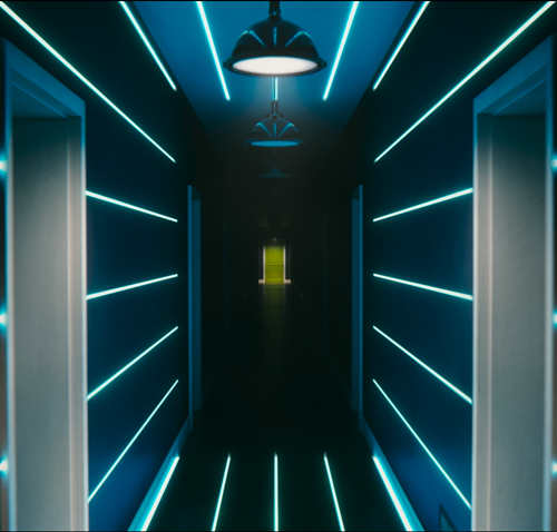 blue lighting in dark corridor