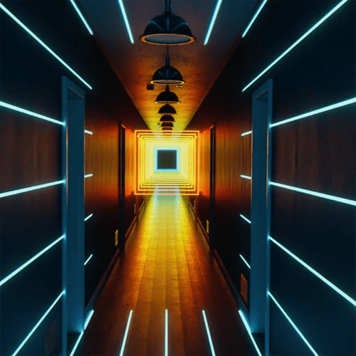 LED lights pulsing in dark corridor 