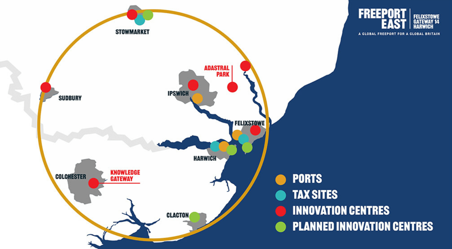 Map of the ports, tax sites, innovation centres and planned innovation centres across the Freeport East regions of North Essex and South Suffolk