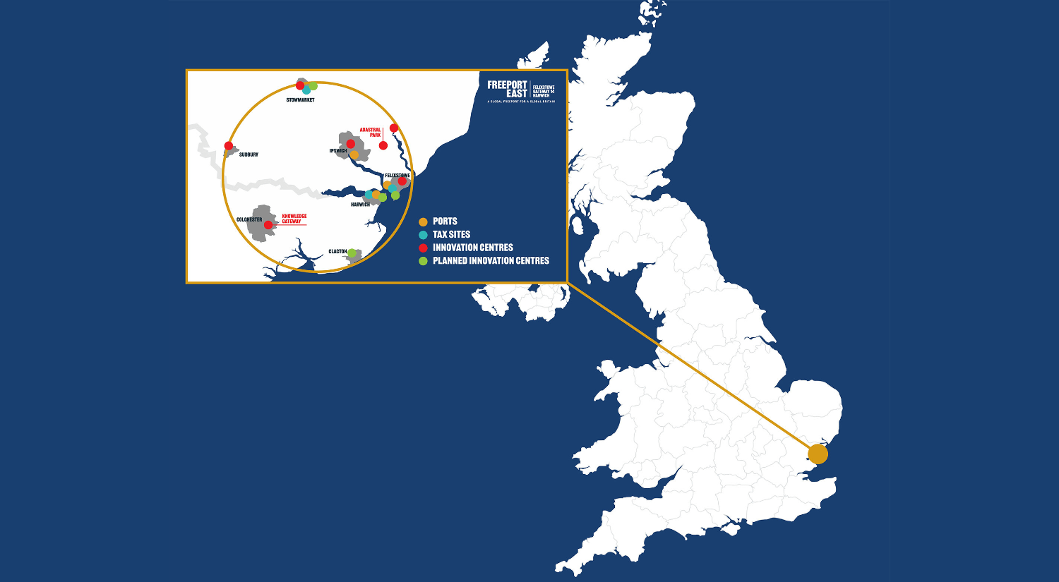 UK map identifying the Freeport East regional area in the East of England