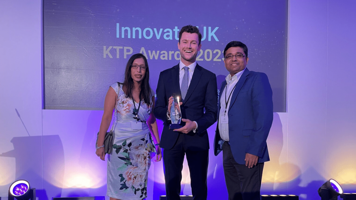 Dr Shabneez Bhankaraully, Joshua Arrowsmith and Professor Niraj Kumar at the Innovate UK KTP Awards 2023 )