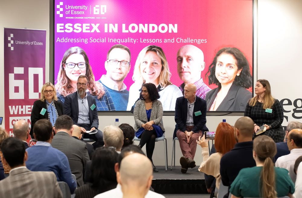 Panellists from the Faculty of Social Science at the University of Essex. In image from left to right: Professor Claudia Girardone (Chair); Professor Neil Kellard; Professor Meena Kumari; Professor Marco Francesconi and Dr Danielle Tucker. Group photo of University of Essex staff at an event 'Essex in London'