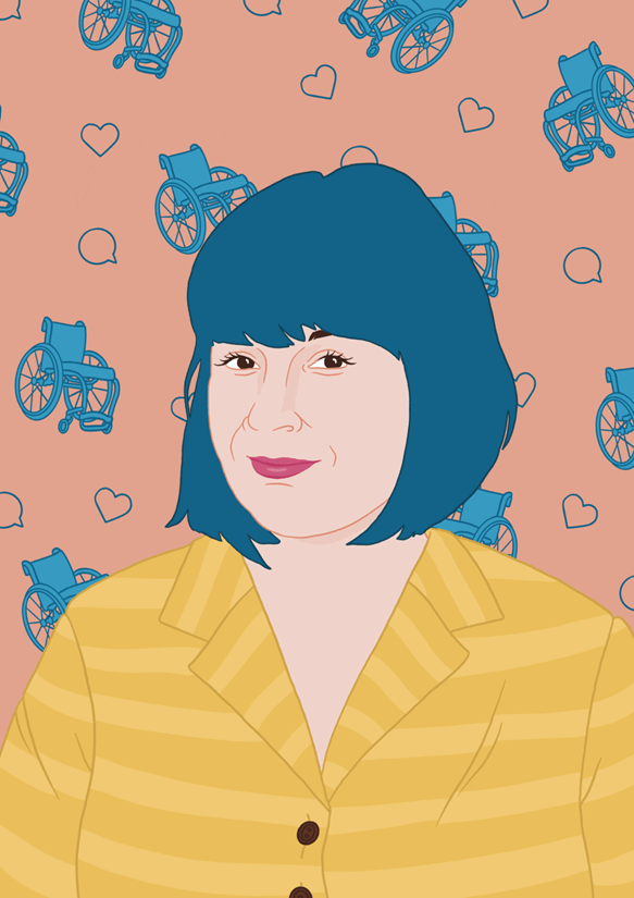 Digital drawing of Nina Tame, with blue hair with a background pattern of blue wheelchairs, hearts and speech bubbles.