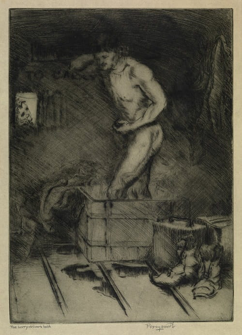 A sketch of a naked man standing in a small bath, his boots visible on the floor on the right. On the left is a small window and a face peering through at the bathing man.