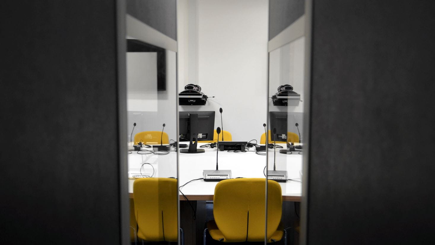 the chairs and walls of the interpreting lab and booths