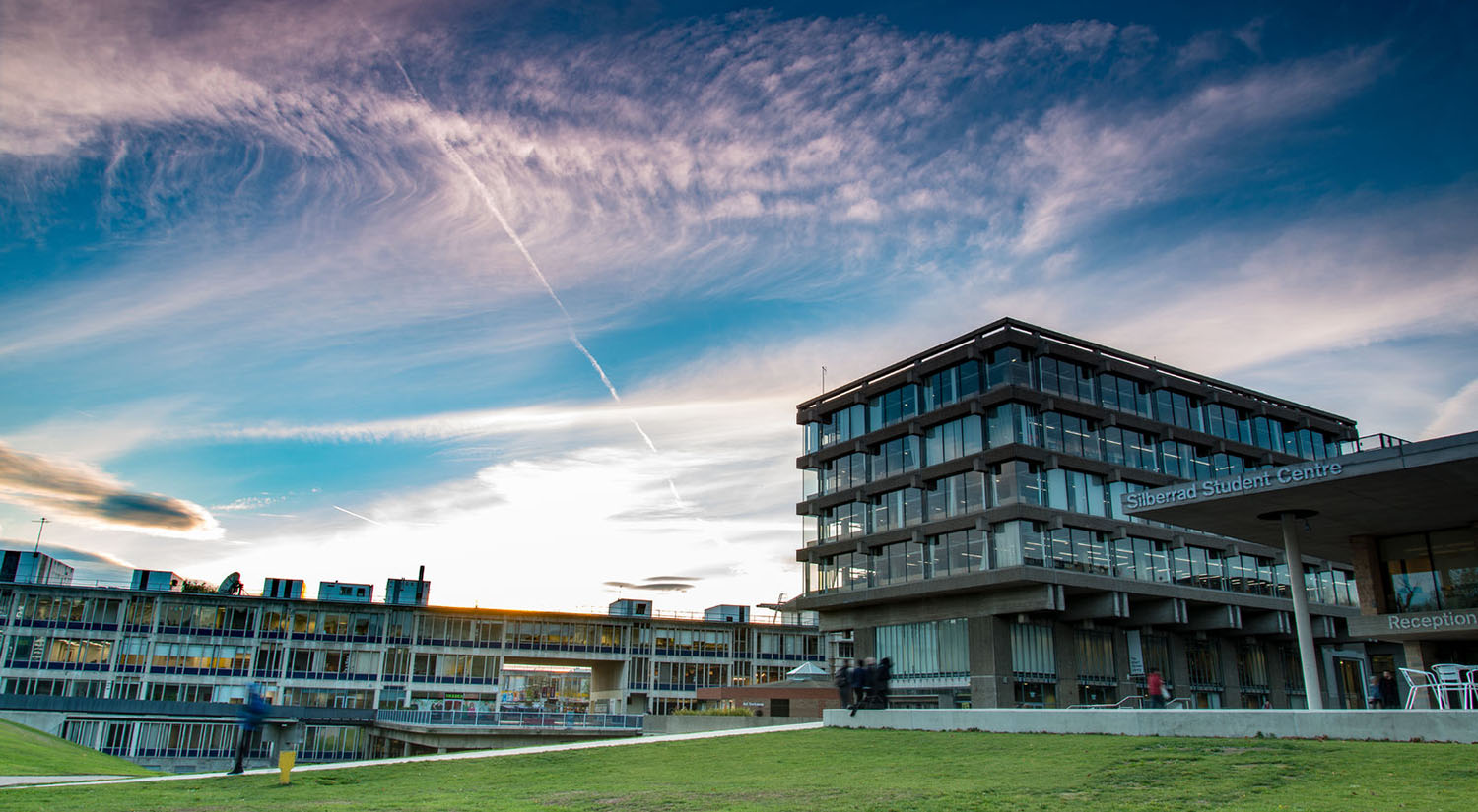 Twilight image of Albert Sloman Library at University of Essex Colchester Campus