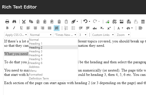 Image of paragraph styling selection tool in Sitecore text editor box