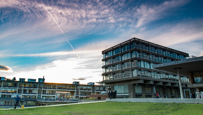 A view of our Colchester Campus with the Albert Sloman Library in the foreground.  