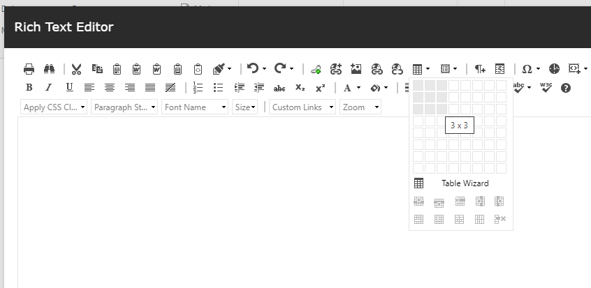 Sitecore text editor box showing how to insert a table