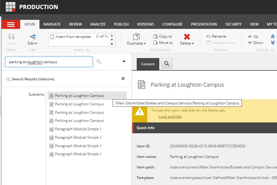 Screenshot of a page in Sitecore content tree to show how to search for an article