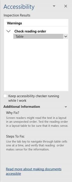 Screenshot of an example of Microsoft Word accessibility inspection results message