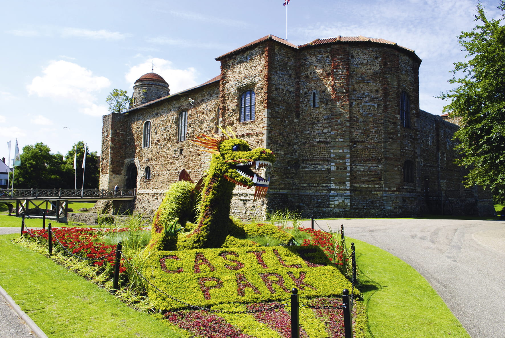 Colchester Castle and the dragon flower bed