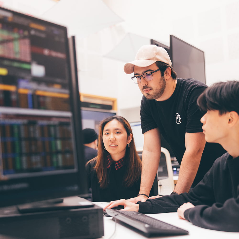 Essex Business Students work on the Bloomberg terminals in the business school's virtual trading floor.